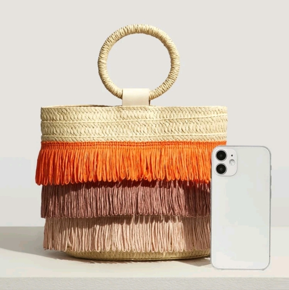 Fringed Straw Tote Bag in Orange, Mauve & Beige - Picture 6 of 6